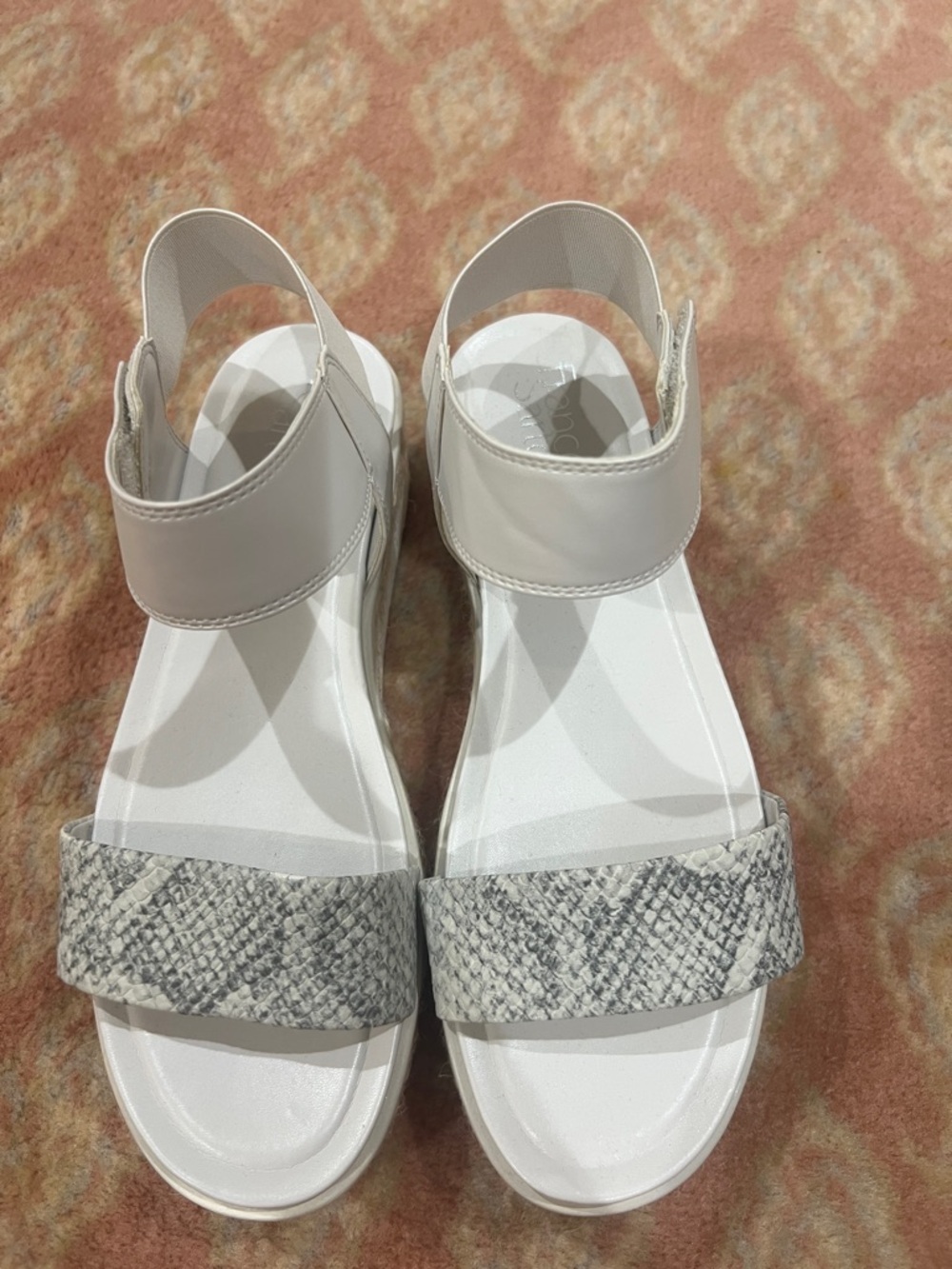 Franco Sarto White Sandals with Grey Snake-Print Strap